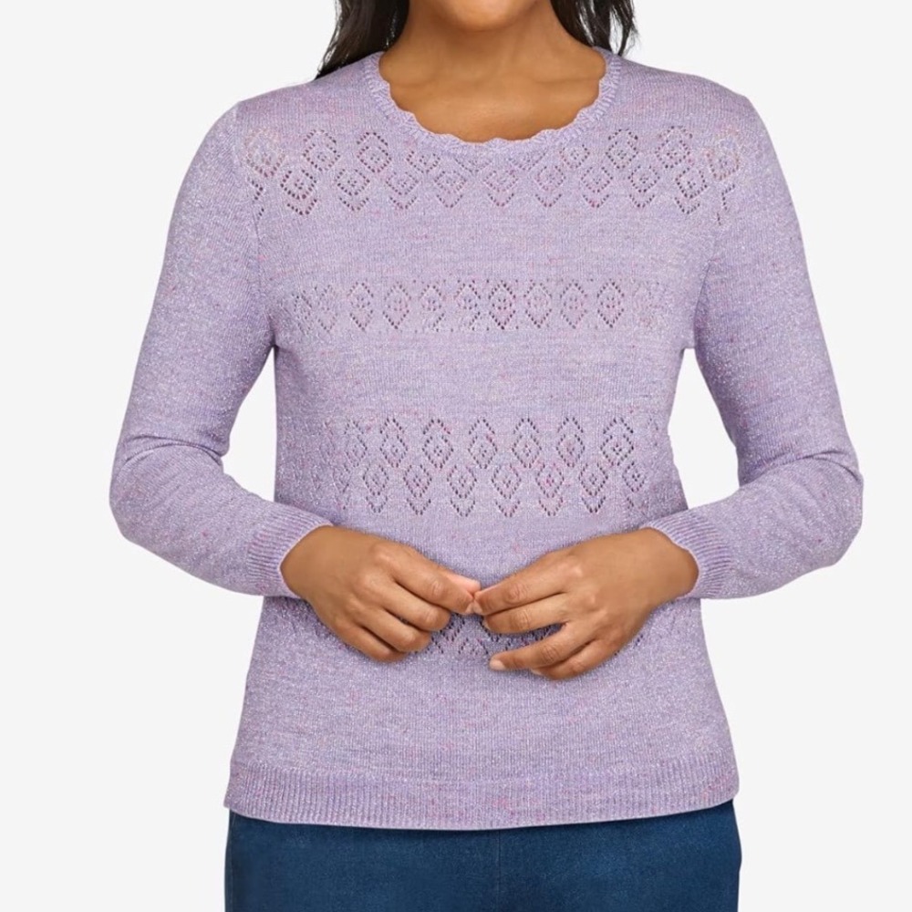 Alfred Dunner Cashmelon Lavender Metallic Pointelle Scalloped Knit Sweater Sz XL